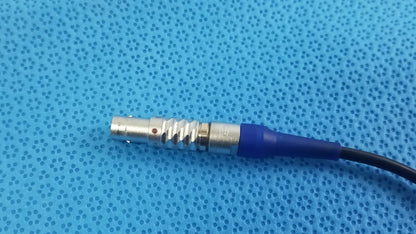 Silver-colored metallic connector with blue sleeve and black cable for stryker lightweight sterilization box medical equipment