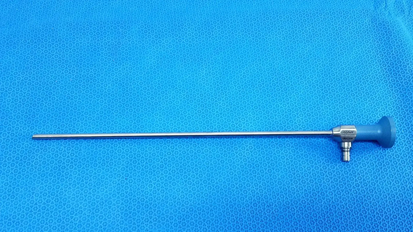 Silver medical equipment surgical endoscope with blue ergonomic handle and metallic joints reuse ideal eyes 5mm device