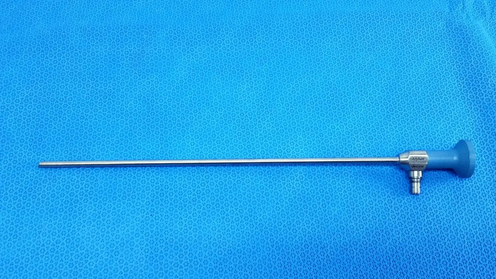 Silver medical equipment surgical endoscope with blue ergonomic handle and metallic joints reuse ideal eyes 5mm device