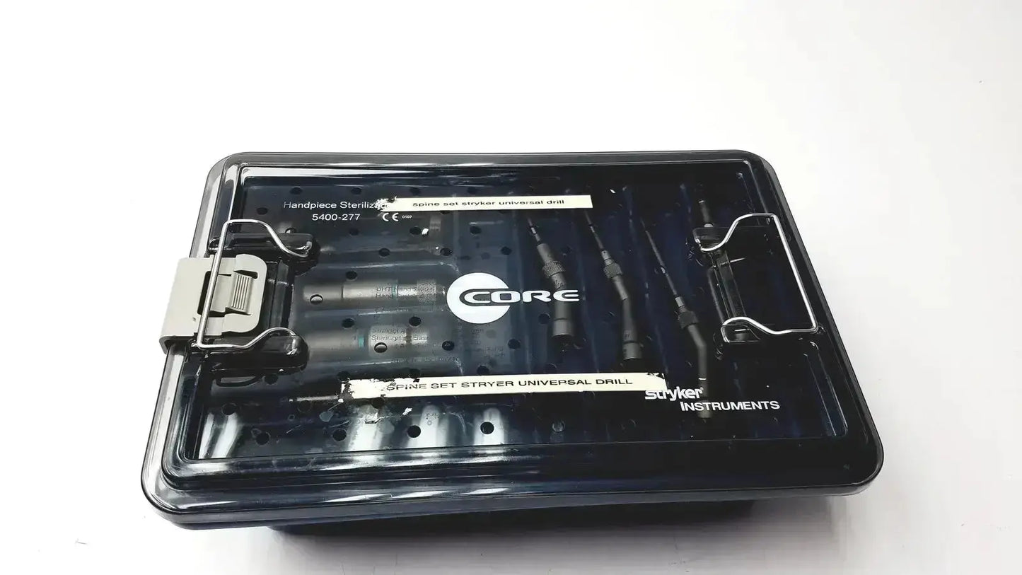 Black plastic core sterilization case containing stryker 5400-277 dental handpieces drill bits and attachments set