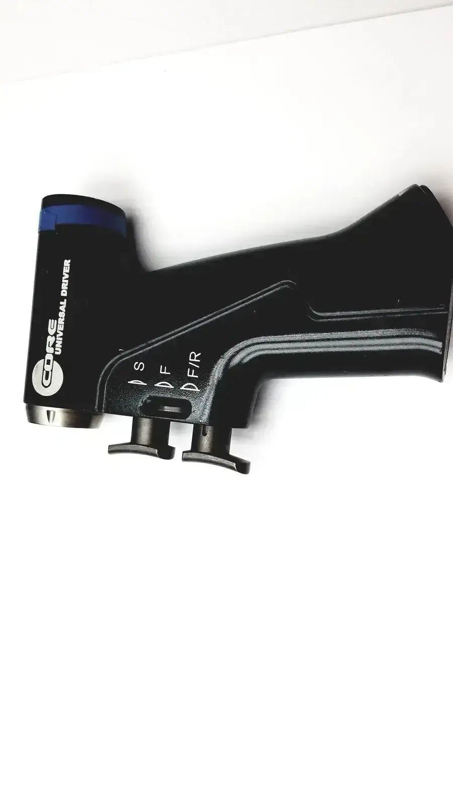 Black ctec universal driver with blue accent and silver metallic tip featuring s f d f r settings in stryker 5400-277 core sterilization case