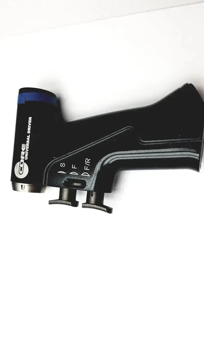 Black ctec universal driver with blue accent and silver metallic tip featuring s f d f r settings in stryker 5400-277 core sterilization case