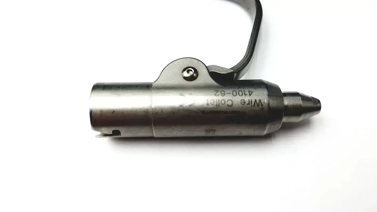 Silver metallic wire collector tool with black leather strap and engravings in stryker 5400-277 core sterilization case