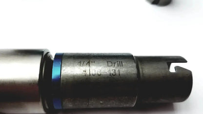 Black metal drill bit with blue ring and engraved markings included in stryker 5400-277 core sterilization case with all attachments