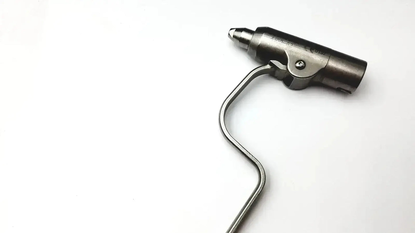 Silver surgical retractor with curved handle and metallic finish included in stryker 5400-277 core sterilization case