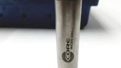 Silver metallic cylindrical core micro drill bit with engraved branding for stryker 5400-277 core sterilization case