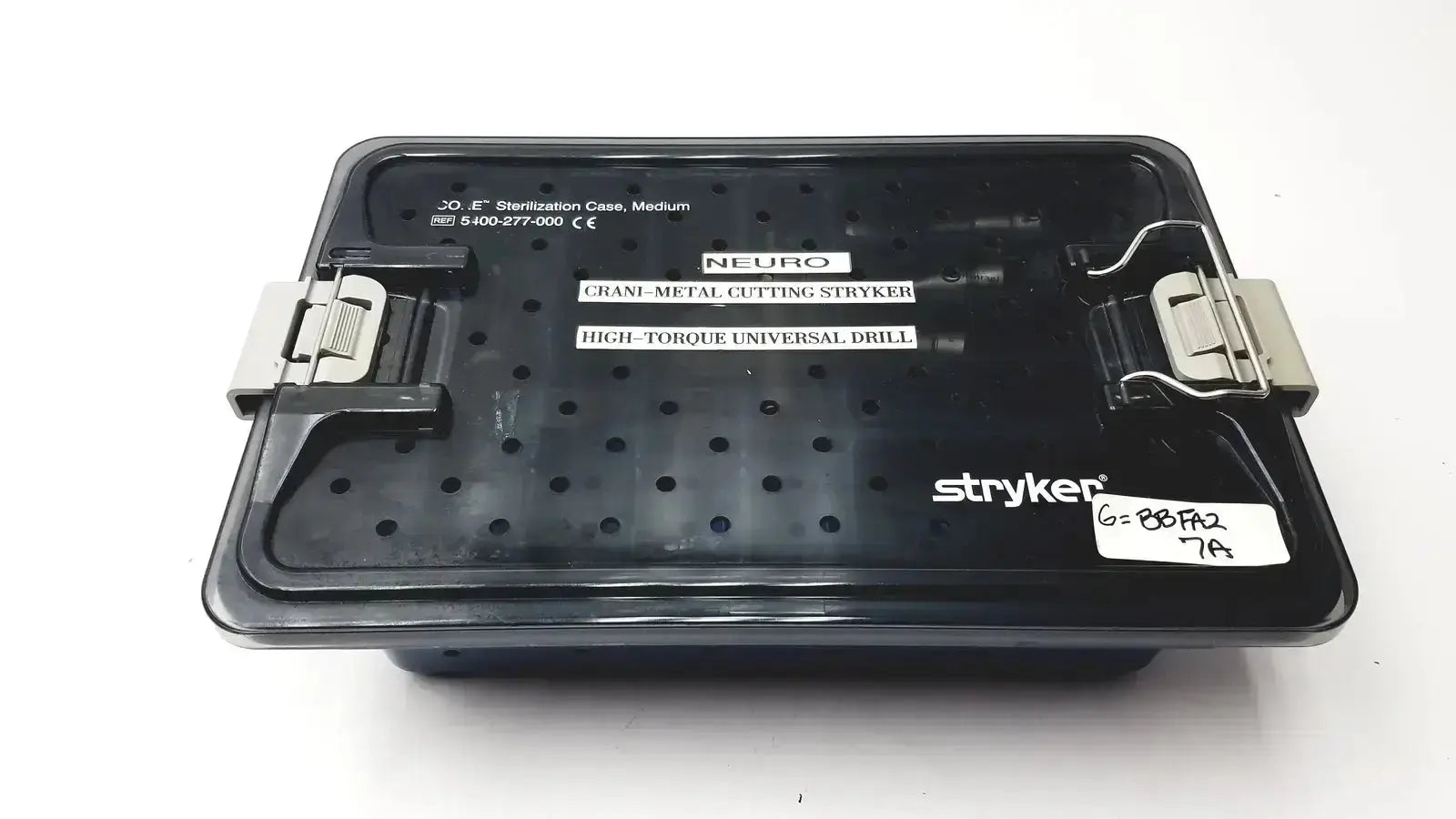 Stryker 5400-277 black plastic core sterilization case with silver latches and white labeling for drill attachments