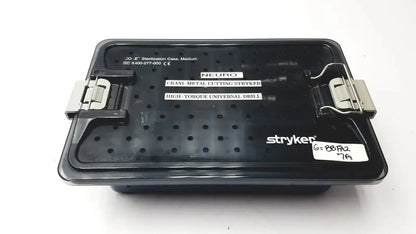 Stryker 5400-277 black plastic core sterilization case with silver latches and white labeling for drill attachments