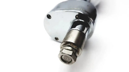 Chrome-finished air compressor nozzle with hexagonal threaded end and bolted housing on the back of stryker 8381-210 autopsy saw hospital surplus for biomedical technicians