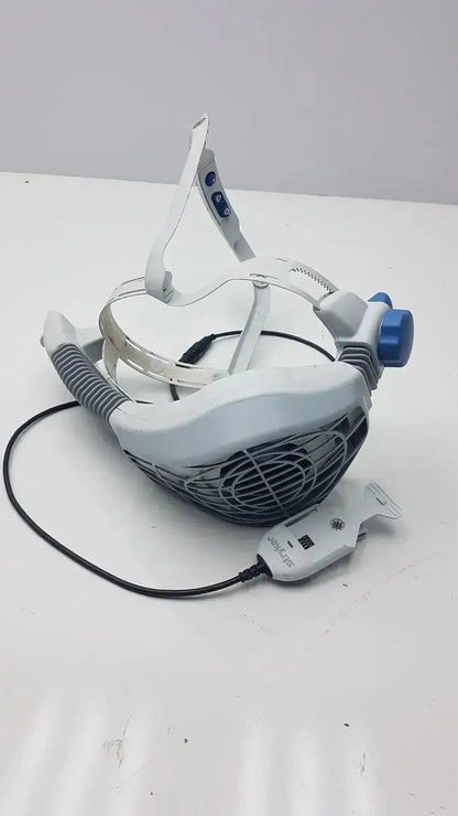 White and blue electric stryker flyte helmet ref 0408-600-000 with fan grille, adjustable straps, and control unit attached
