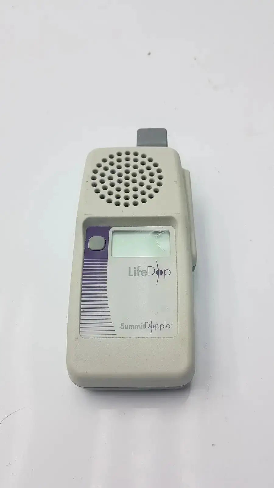 Beige plastic lifedop l250ar handheld doppler with purple accent panel digital screen speaker grille and 2 mhz probe