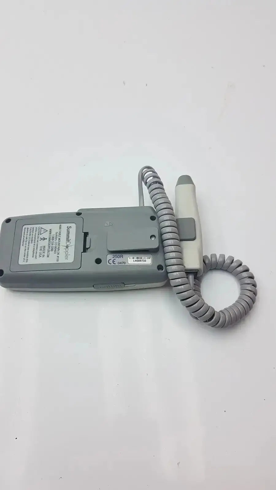 Gray handheld ultrasound device lifedop l250ar with gray coiled cable and 2 mhz probe for medical imaging