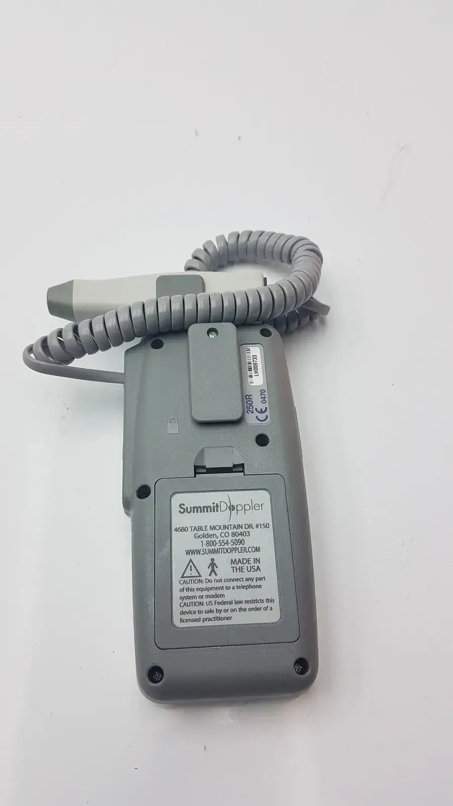 Gray plastic summit doppler lifedop l250ar device with coiled gray cable and white 2 mhz probe attached