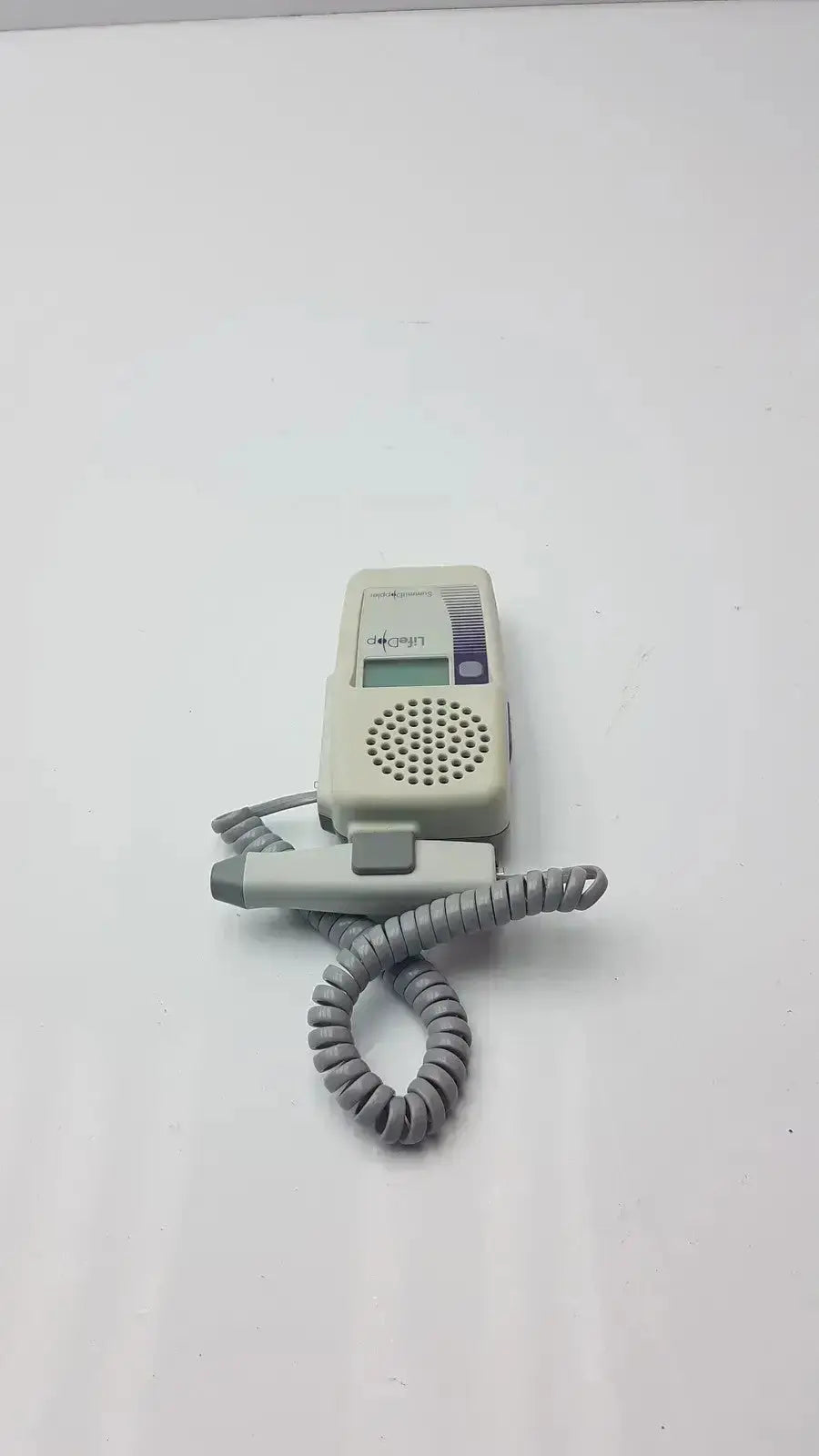 Beige handheld lifedop l250ar fetal monitor with gray coiled cable and 2 mhz probe for prenatal use