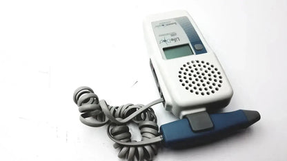 White and blue handheld fetal heart rate monitor with coiled gray cord from summiit liifedop abi l250 vascular system