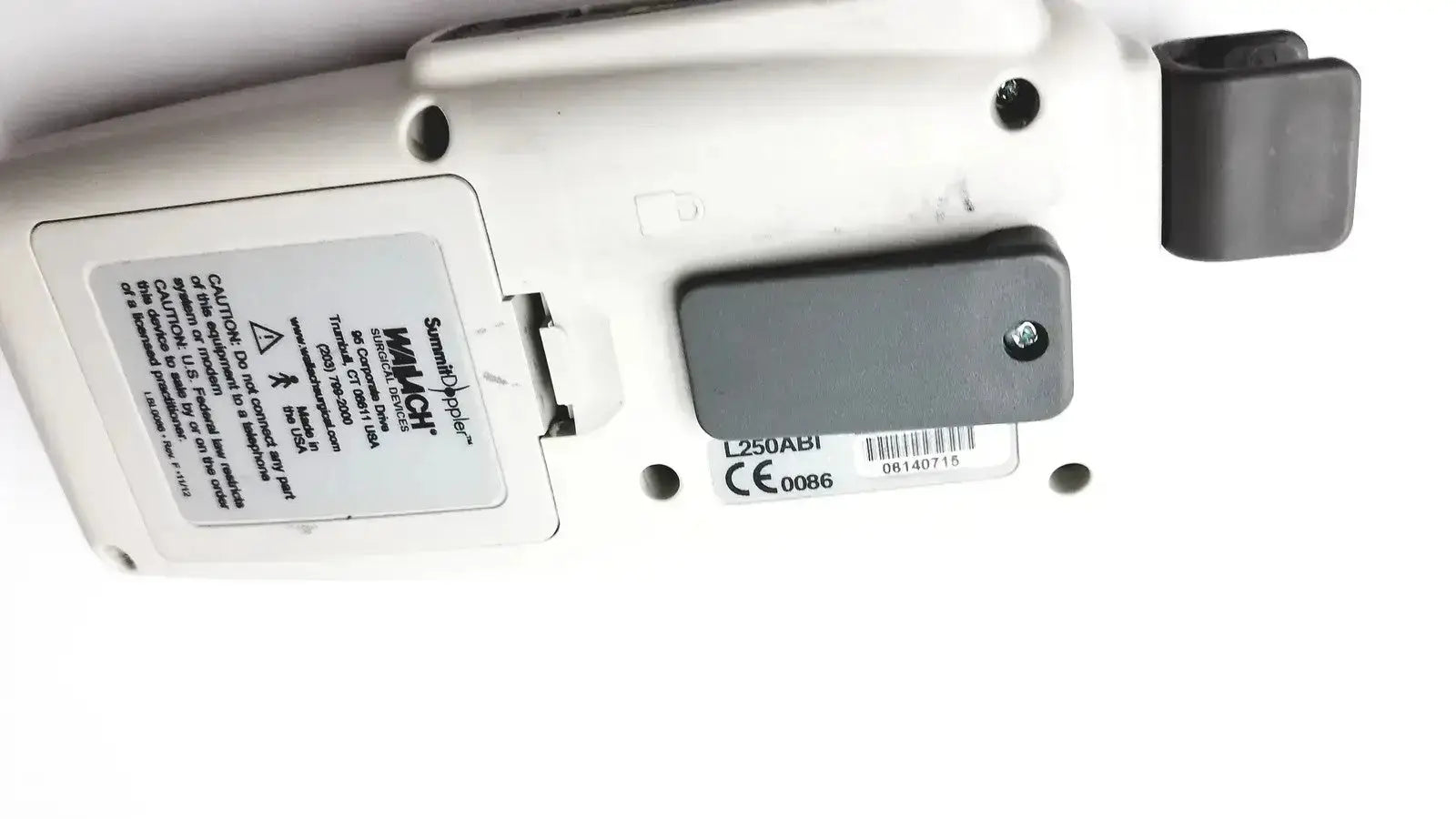 White plastic summiit liifedop abi l250 device with black rectangular component and label stickers for vascular system use