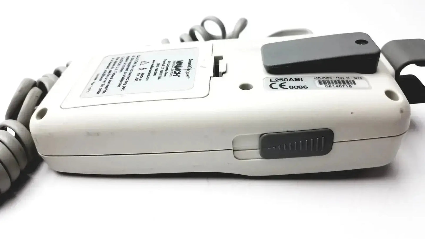 White plastic handheld device with black accents and coiled gray cable for summiit liifedop abi l250 vascular system