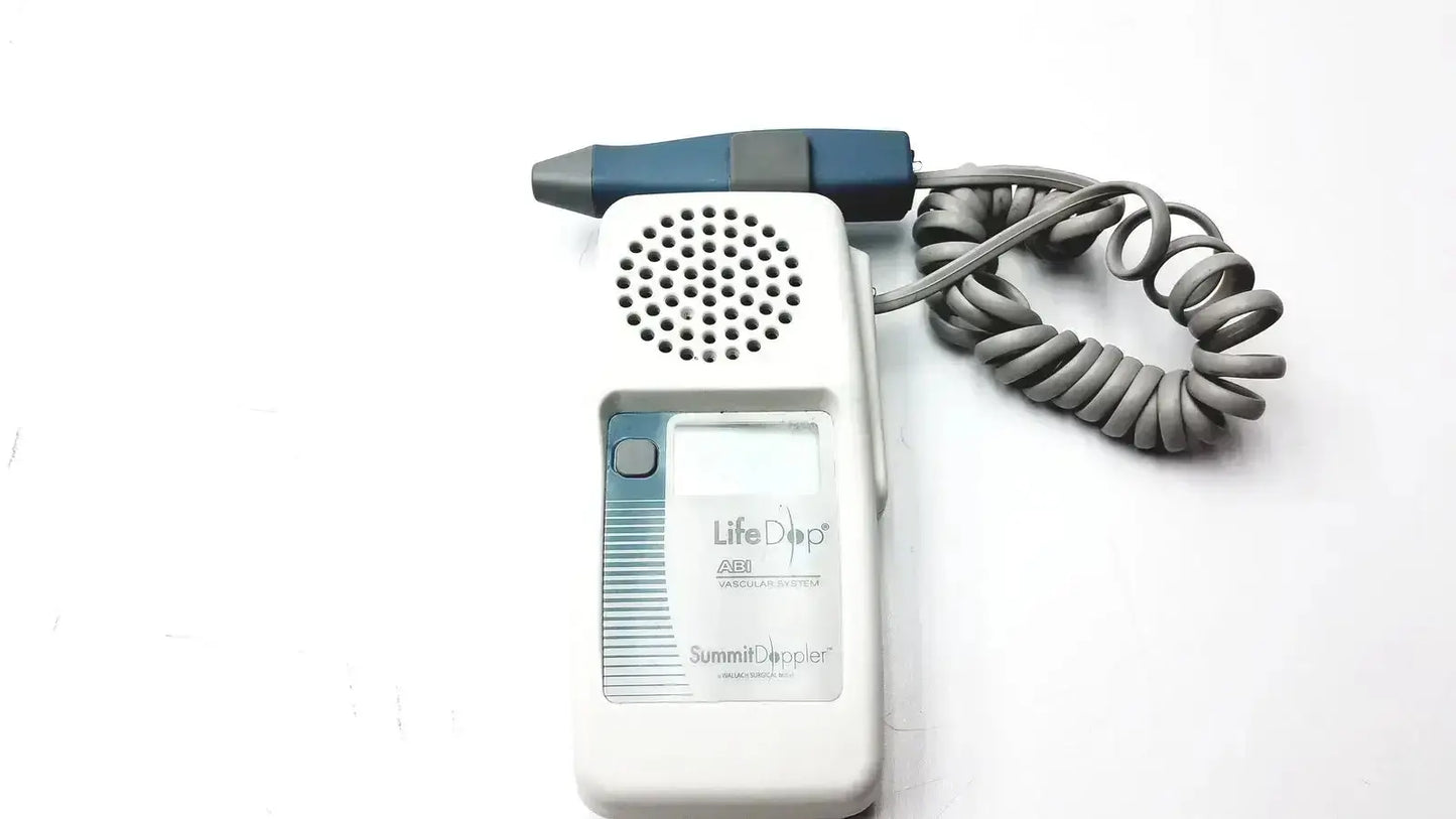 White and blue handheld fetal heart rate monitor with coiled gray cable for summiit liifedop abi l250 vascular system