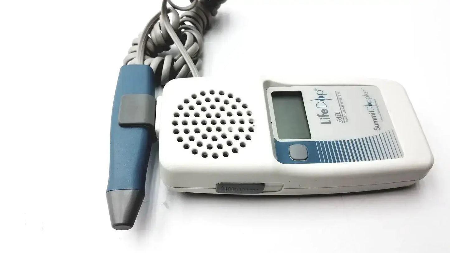 White and blue handheld fetal doppler with coiled gray cable for summiit liifedop abi l250 vascular system device