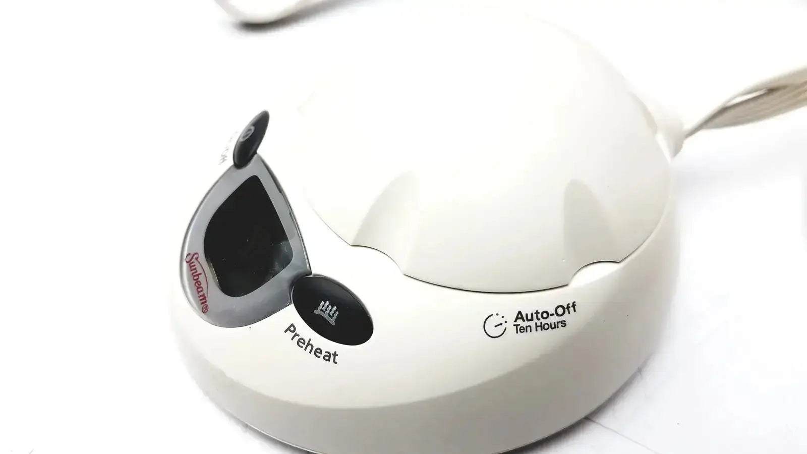 White ceramic sunbeam egg cooker l78-dd2d style 85kqp with digital display and black control buttons
