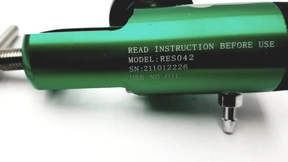 Green metallic res042 air-powered nail gun with black accents and engraved model as part of sunset res042 oxygen regulator