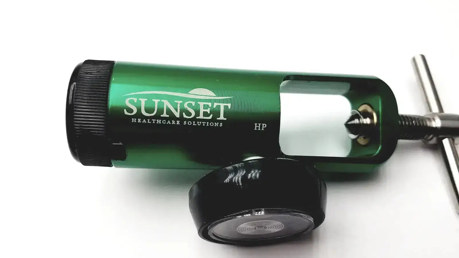 Green metallic oxygen regulator with black accents branded sunset healthcare solutions for sunset res042 oxygen use