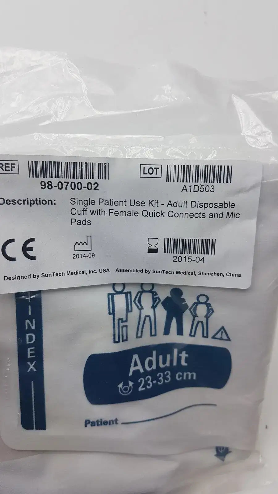 White plastic-wrapped suntech medical single patient use kit disposable blood pressure cuff with female quick connects and mic pads
