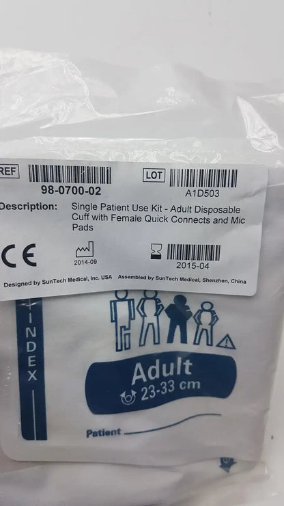 White plastic-wrapped suntech medical single patient use kit disposable blood pressure cuff with female quick connects and mic pads