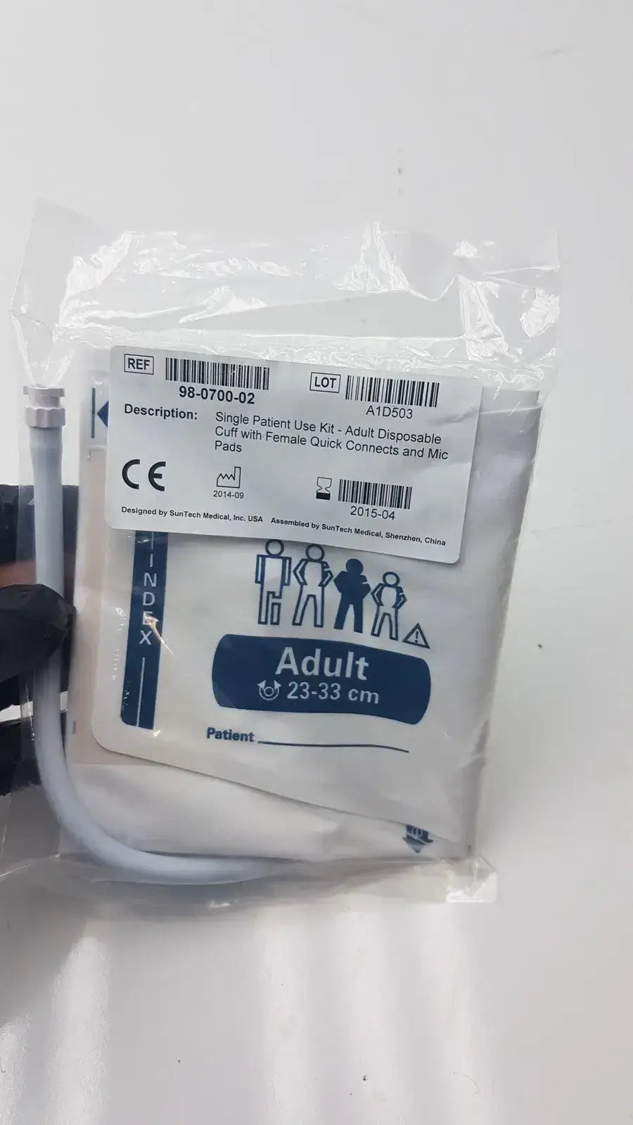 SunTech Medical single patient use white plastic-wrapped disposable blood pressure cuff kit with blue labeling and female quick connect design