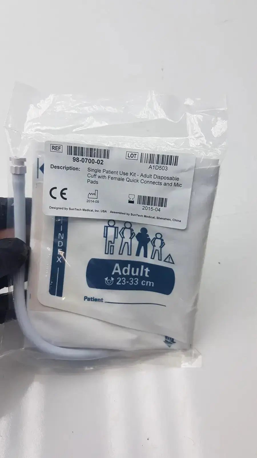 White plastic-wrapped suntech blood pressure disposable bp cuff with female quick connect and mic pads in single patient use kit