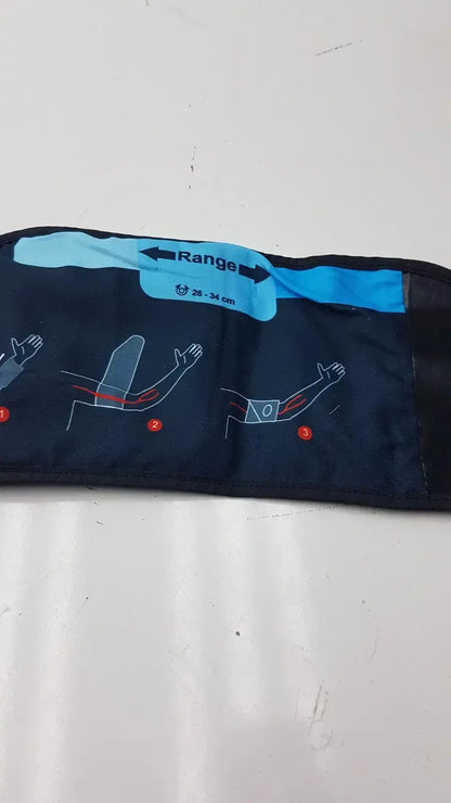 Dark blue fabric suntech orbit abpm cuff size 2 with light blue adjustment strap and sizing instructional diagrams