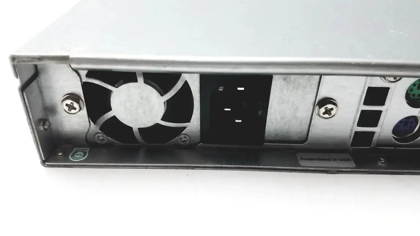 Silver metallic supermicro 5015b-mt super server rack back side with black fan power input and colored network ports