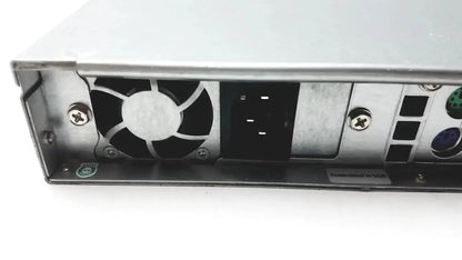 Silver metallic supermicro 5015b-mt super server rack back side with black fan power input and colored network ports