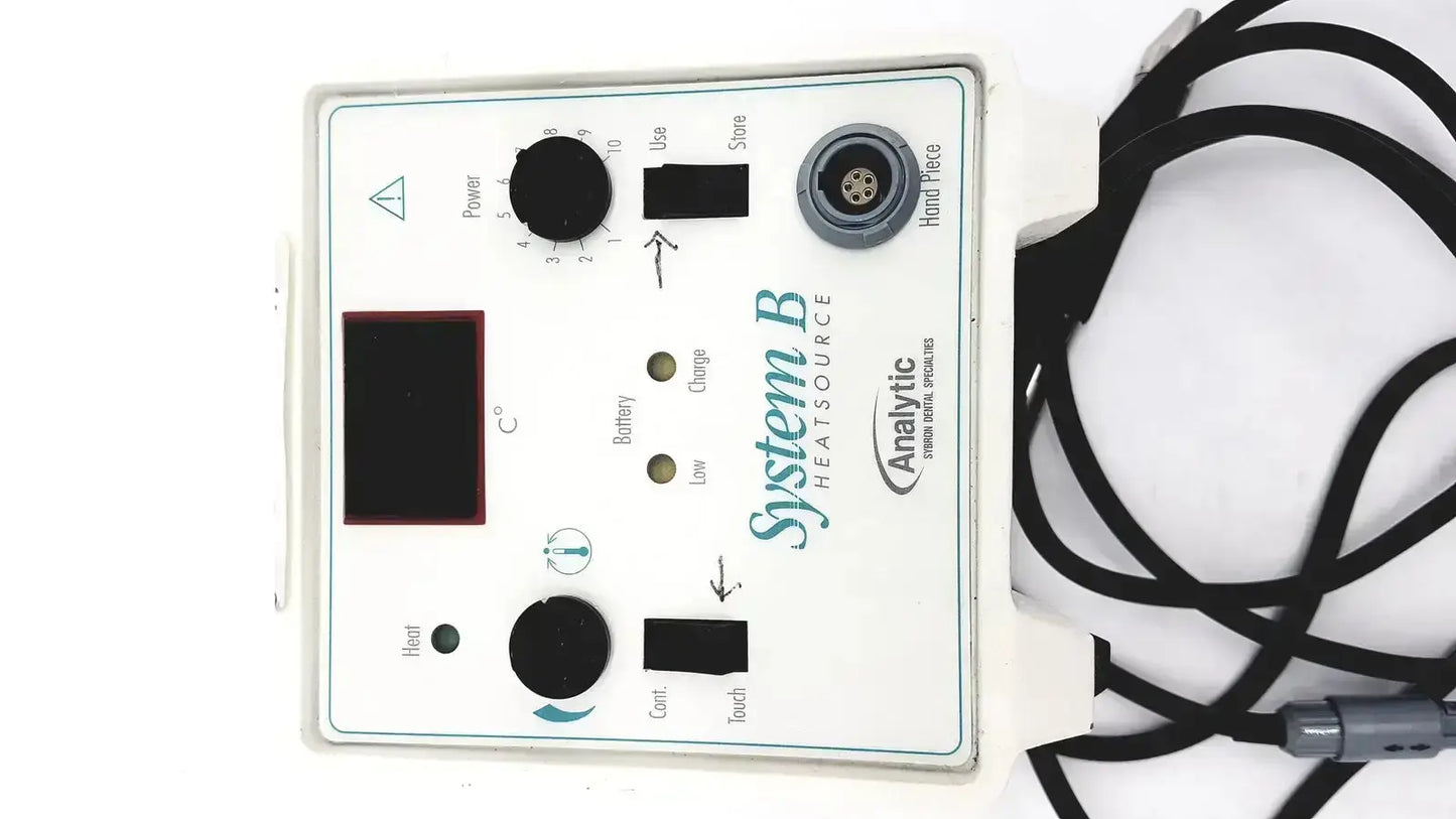 White rectangular control panel for sybron analytic system b dental endo heat source model 1005 with black knobs and screen