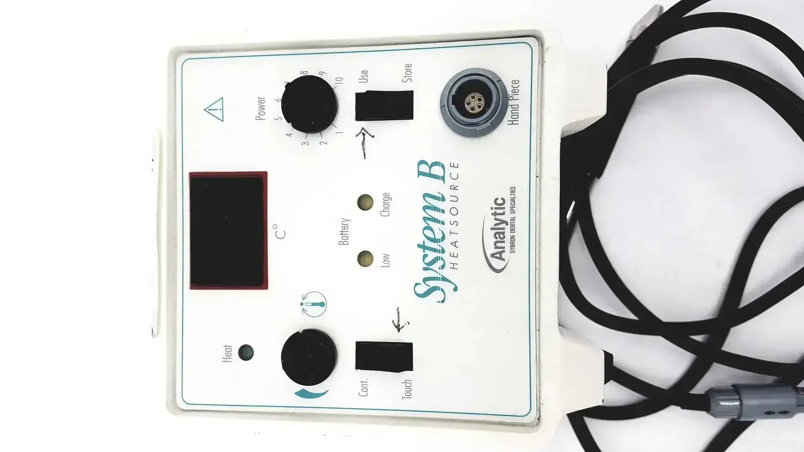 White rectangular control panel for sybron analytic system b dental endo heat source model 1005 with black knobs and screen