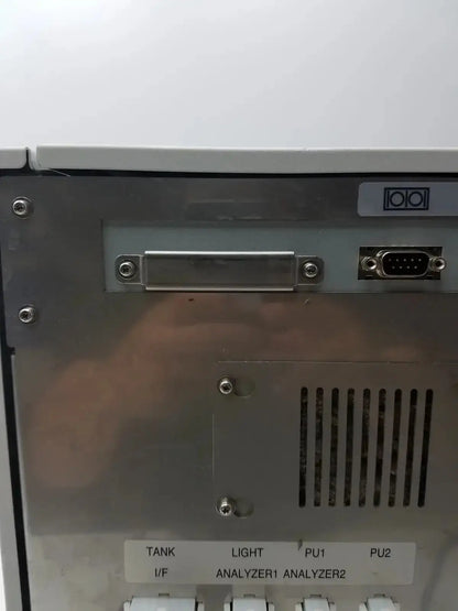 Silver metallic rear panel of sysmex ru-20 reagent delivery system with d-sub port ventilation slits and labeled switches