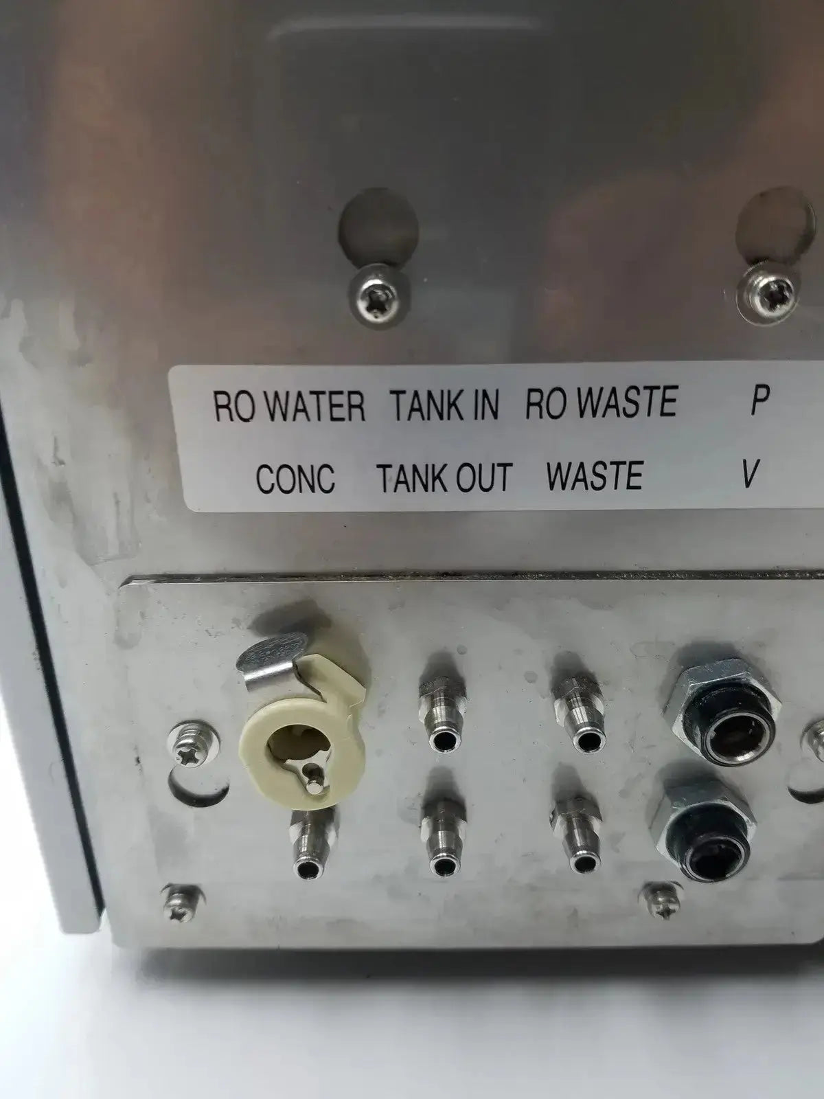 Silver metallic sysmex ru-20 reagent delivery system with labeled ports and connectors for reagent delivery in laboratory use