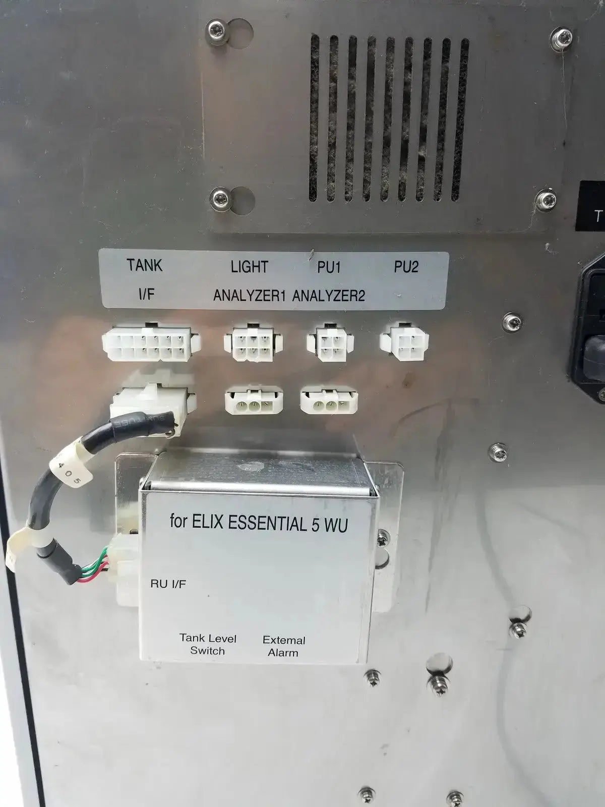 Silver metallic control panel with labeled connectors for elix essential 5 wu on sysmex ru-20 reagent delivery system