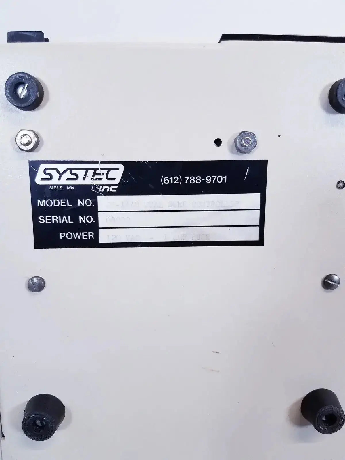 White industrial systec inc temperature controller with model and serial number fields for digital tabletop dual zone use