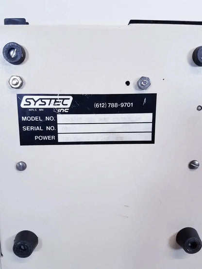 White industrial systec inc temperature controller with model and serial number fields for digital tabletop dual zone use