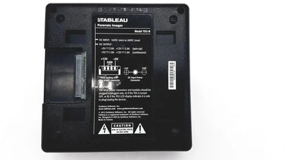 Black plastic tableau td3 forensic imager td3-b back side with labeled dc input output ports barcode and safety stickers