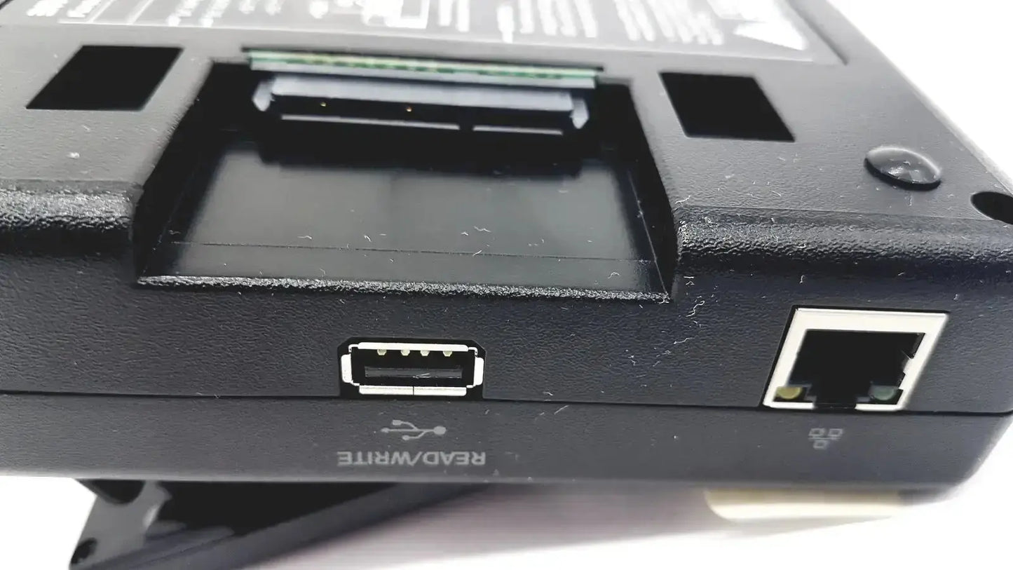 Black plastic tableau td3 forensic imager td3-b back side showing usb read/write and ethernet ports