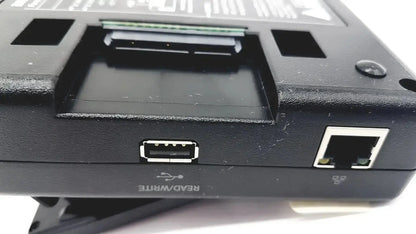 Black plastic tableau td3 forensic imager td3-b back side showing usb read/write and ethernet ports