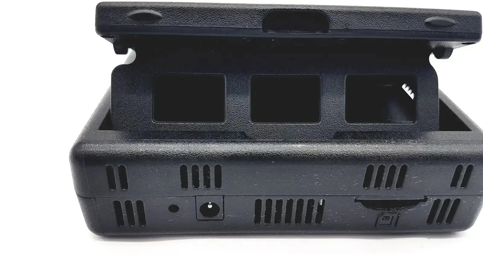 Black plastic tableau td3 forensic imager td3-b case with three rectangular compartments and side ventilation slots