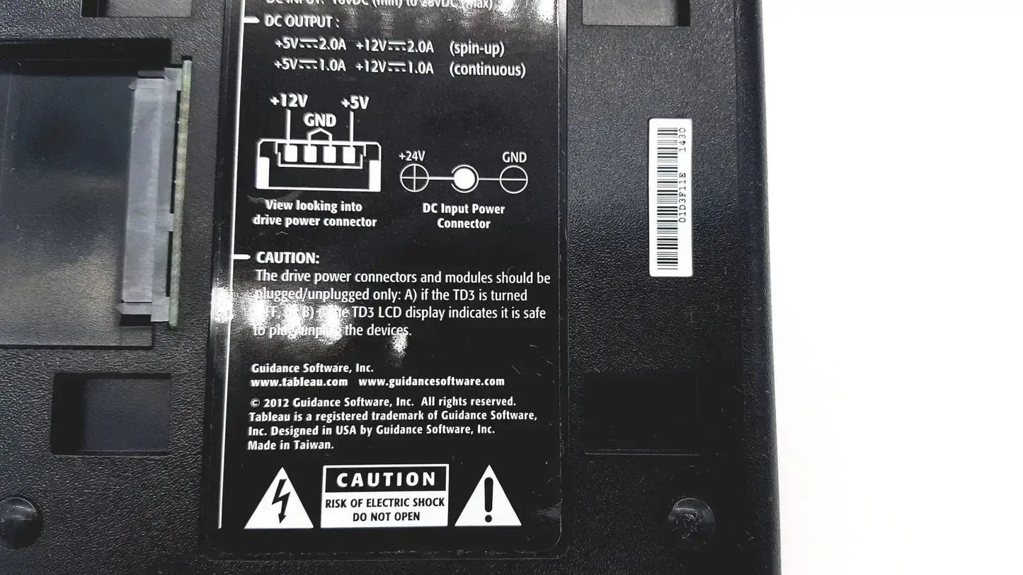 Black plastic back panel of tableau td3 forensic imager td3-b lcd display with printed technical specifications and warnings