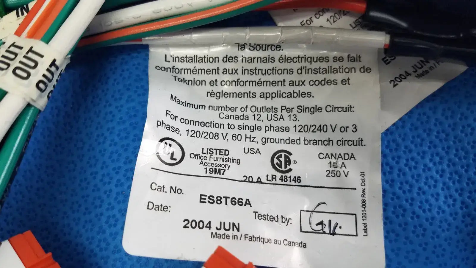 Teknion ES8T66A 8-Wire Circuit Power Harness Office Cubicle Wiring