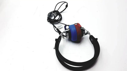Telephonics tdh-39p audiometric earphones with black headband, blue and red earcups, and coiled black cable