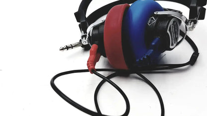 Blue and red over-ear Telephonics TDH-39P audiometric earphones with black headband and cable for hearing tests