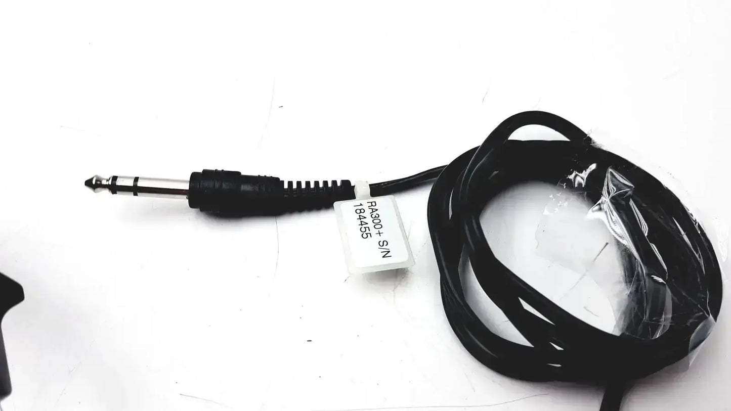Black coiled audio cable with 3.5mm connector and ra300-sin label for telephonics tdh-39p audiometric earphones packaging