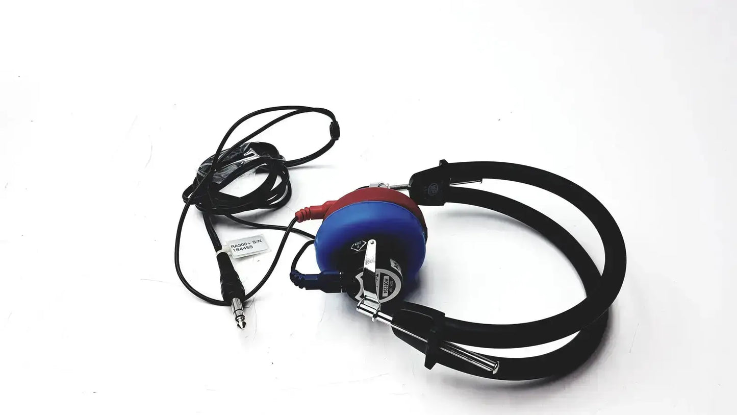 Blue and red over-ear Telephonics TDH-39P audiometric earphones with black headband and cable for hearing tests